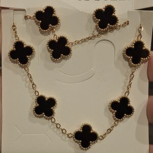 18K Gold Plated Black Alhambra Clover Motifs Set of Bracelet Earrings & Necklace
